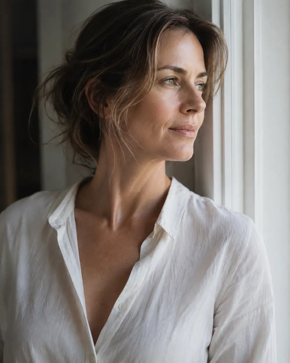A woman with brown hair pulled back, wearing a white linen button-down shirt, looking thoughtfully to the side near a window.