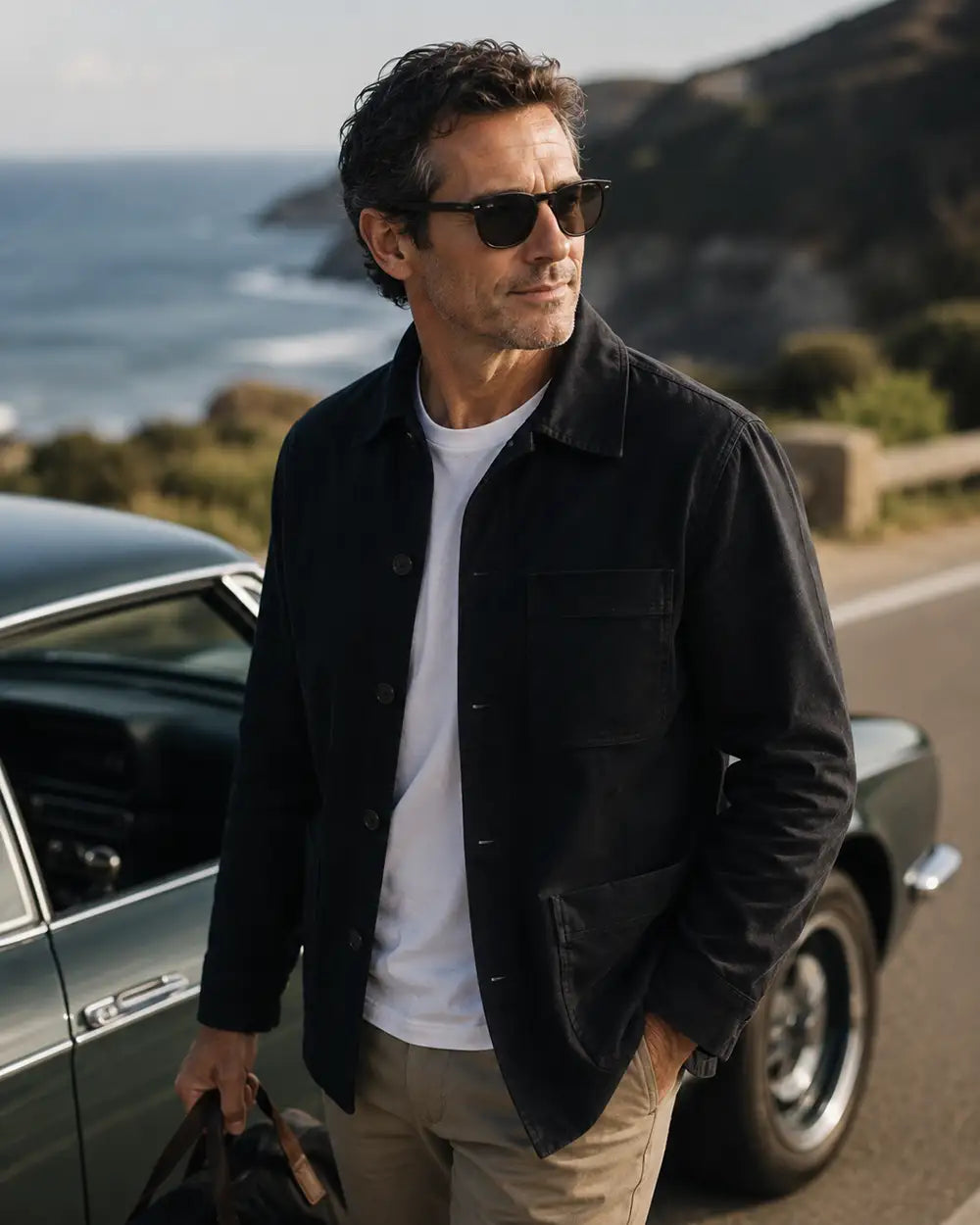 A man wearing a black overshirt over a white t-shirt and khaki pants stands beside a vintage car on a coastal road, wearing dark sunglasses and holding a leather bag.