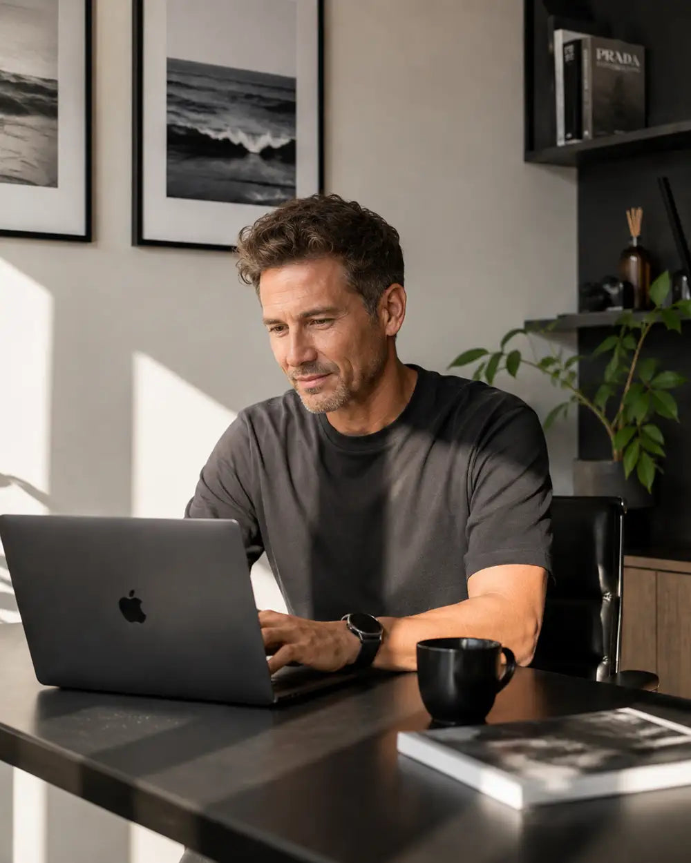 A man wearing a dark gray t-shirt sits at a desk using a laptop in a modern, sunlit home office environment.