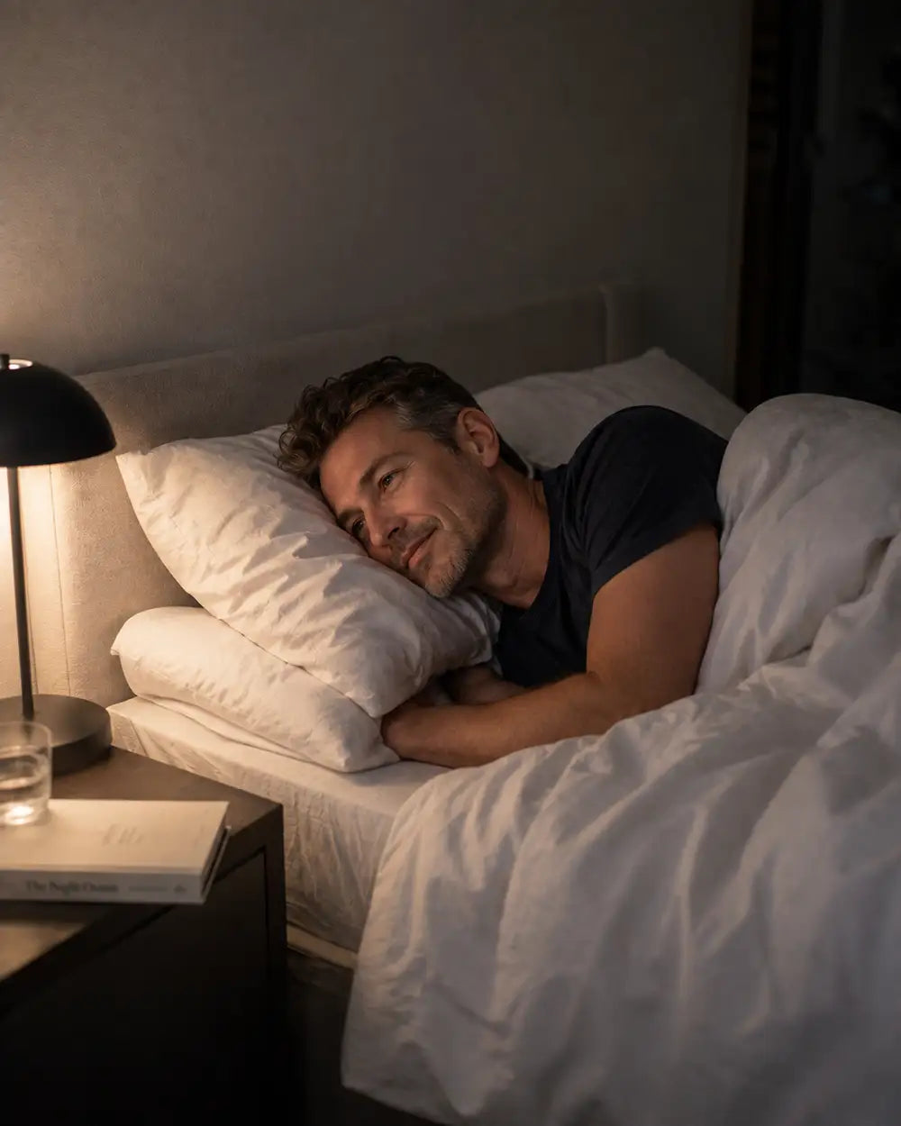 A man lies in bed under white duvet and pillows, wearing a dark navy T-shirt, in a dimly lit bedroom with a bedside lamp on.
