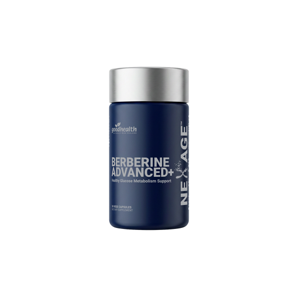 A dark blue bottle of NexAge Berberine Advanced+ dietary supplement with a metallic silver cap, shown on a plain white background.