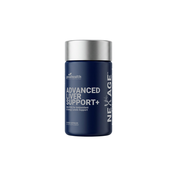 A dark blue bottle of NexAge Advanced Liver Support+ dietary supplement with a metallic silver cap, shown on a plain white background.