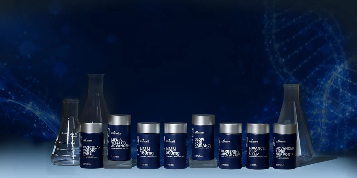 A lineup of dark blue supplement bottles with silver caps and clear glass flasks