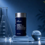A dark blue cylindrical supplement bottle labeled 'Goodhealth Men's Vitality Advanced+'