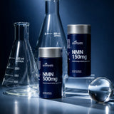 Three dark blue supplement bottles labeled GoodHealth NMN 500mg, NMN 150mg, and a large flask in the background, styled on a reflective dark blue surface with glassware and a clear sphere.