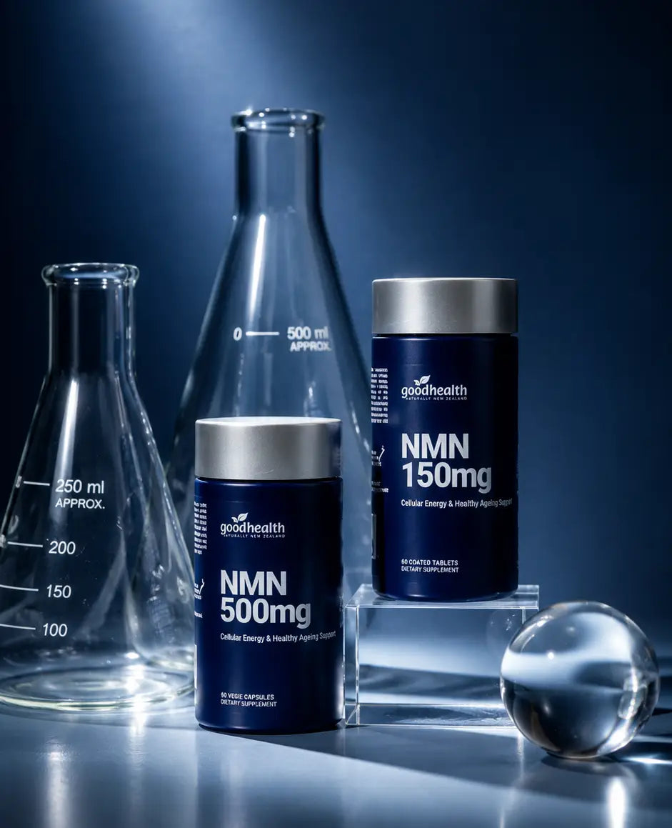 Two Good Health NMN supplement bottles, one 150mg and one 500mg, styled with glass laboratory equipment and a clear crystal ball against a dark blue background.