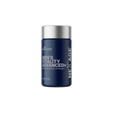 A dark blue bottle of Good Health Men's Vitality Advanced+ dietary supplements with a metallic silver cap, shown on a plain white background.