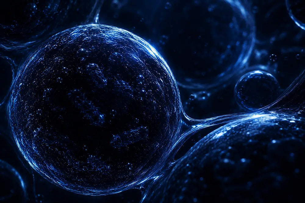 Abstract digital artwork of glowing blue cellular or bubble-like spheres on a dark background.