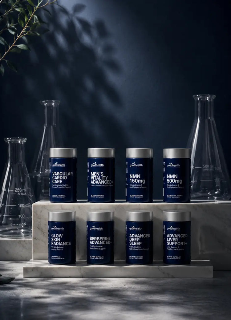 Eight supplement bottles from the brand Somnium are arranged on two white marble risers against a dark navy blue background with dramatic leaf shadows. The bottles are dark blue with silver caps and white text, with some larger clear glass laboratory flasks behind them.